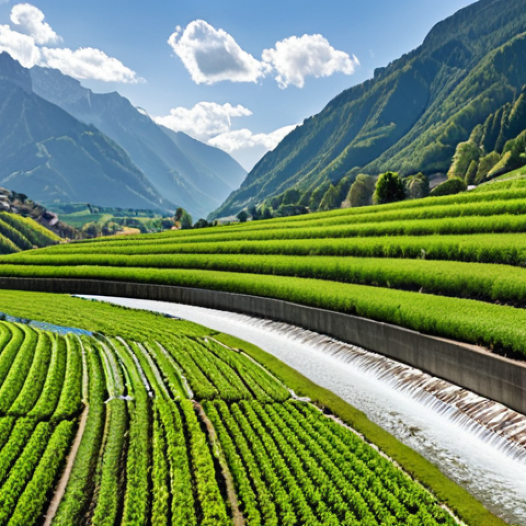 A picturesque terraced farmland in Liechtenstein, showcasing water-efficient irrigation methods like drip irrigation. Lush green crops thrive under a sunny sky, with small reservoirs strategically placed to collect rainwater. The scene emphasizes sustainable water management in a limited agricultural space.