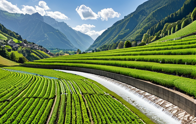 A picturesque terraced farmland in Liechtenstein, showcasing water-efficient irrigation methods like drip irrigation. Lush green crops thrive under a sunny sky, with small reservoirs strategically placed to collect rainwater. The scene emphasizes sustainable water management in a limited agricultural space.