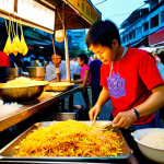 Bangkok Street Food Scene**

"Vibrant Bangkok street food market at night. A street vendor is preparing Pad Thai, surrounded by colorful stalls selling mango sticky rice and other Thai delicacies. The scene is bustling with people. Focus on the delicious-looking food and the lively atmosphere. Soft, warm lighting. High quality, photo-realistic."

**