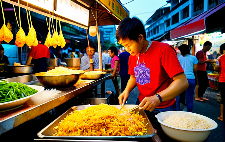 Bangkok Street Food Scene**
"Vibrant Bangkok street food market at night. A street vendor is preparing Pad Thai, surrounded by colorful stalls selling mango sticky rice and other Thai delicacies. The scene is bustling with people. Focus on the delicious-looking food and the lively atmosphere. Soft, warm lighting. High quality, photo-realistic."
**